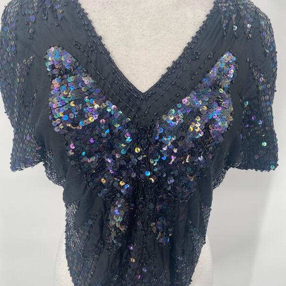 Vintage 80s Silk Beaded Sequined Butterfly Top V Neck Pullover Cropped Black M - Picture 3 of 9